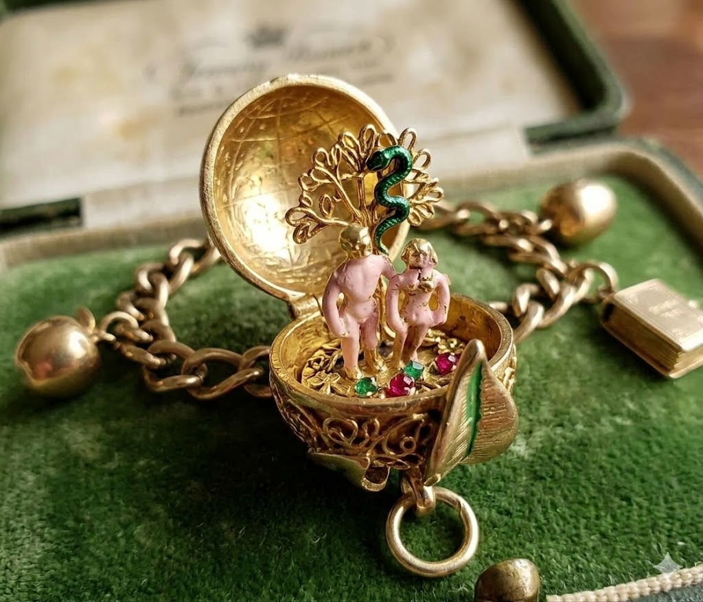 Vintage charm jewellery collection displayed on a cream fabric